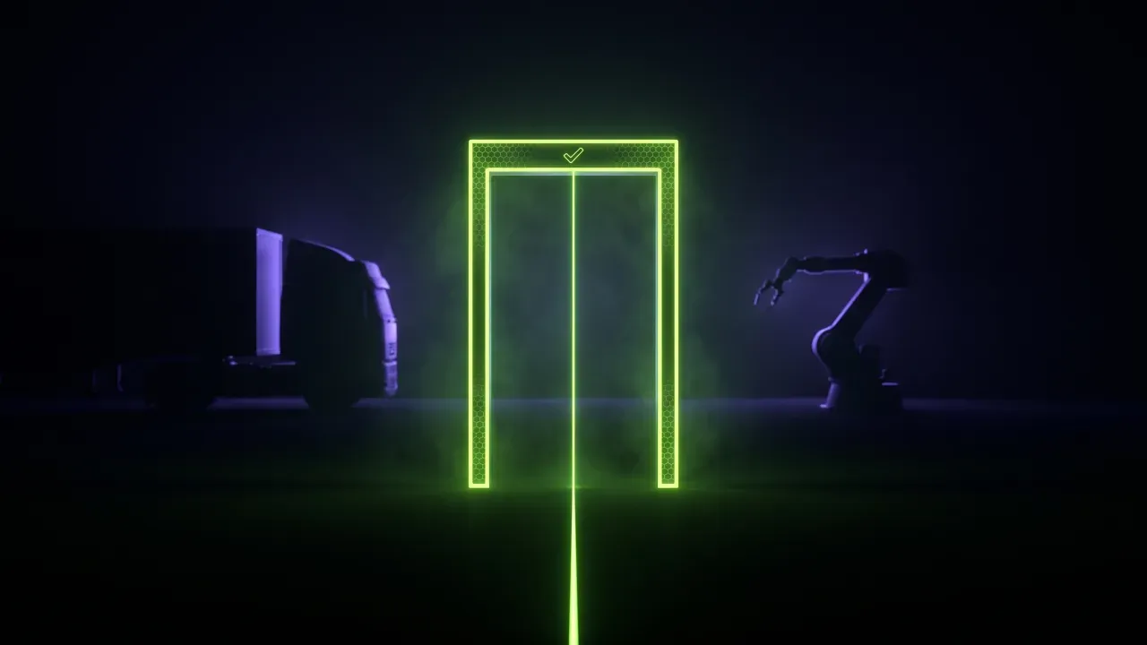 A glowing governance gate opens in the dark, a device-stream beam passing through it as Arcflux alpha goes live.